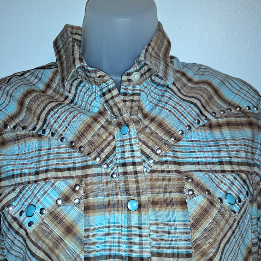 ROUGH STOCK~PANHANDLE SLIM~WOMEN'S PEARL SNAP~PLAID WESTERN SHIRT W/STUDS~M - Picture 12 of 13
